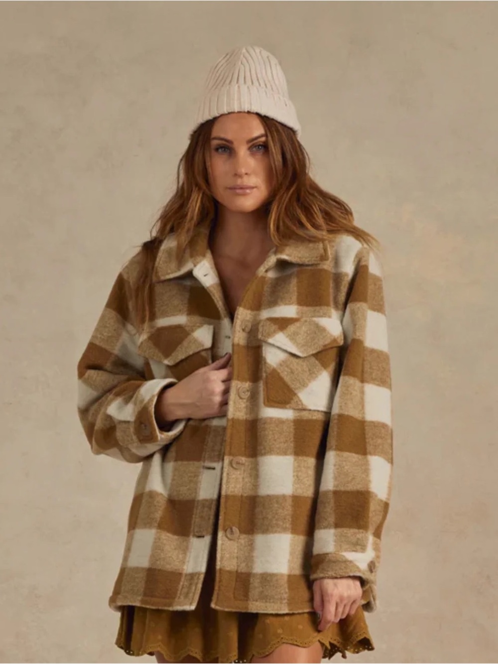 Rylee + Cru Brass Check Shearling Shacket NWT